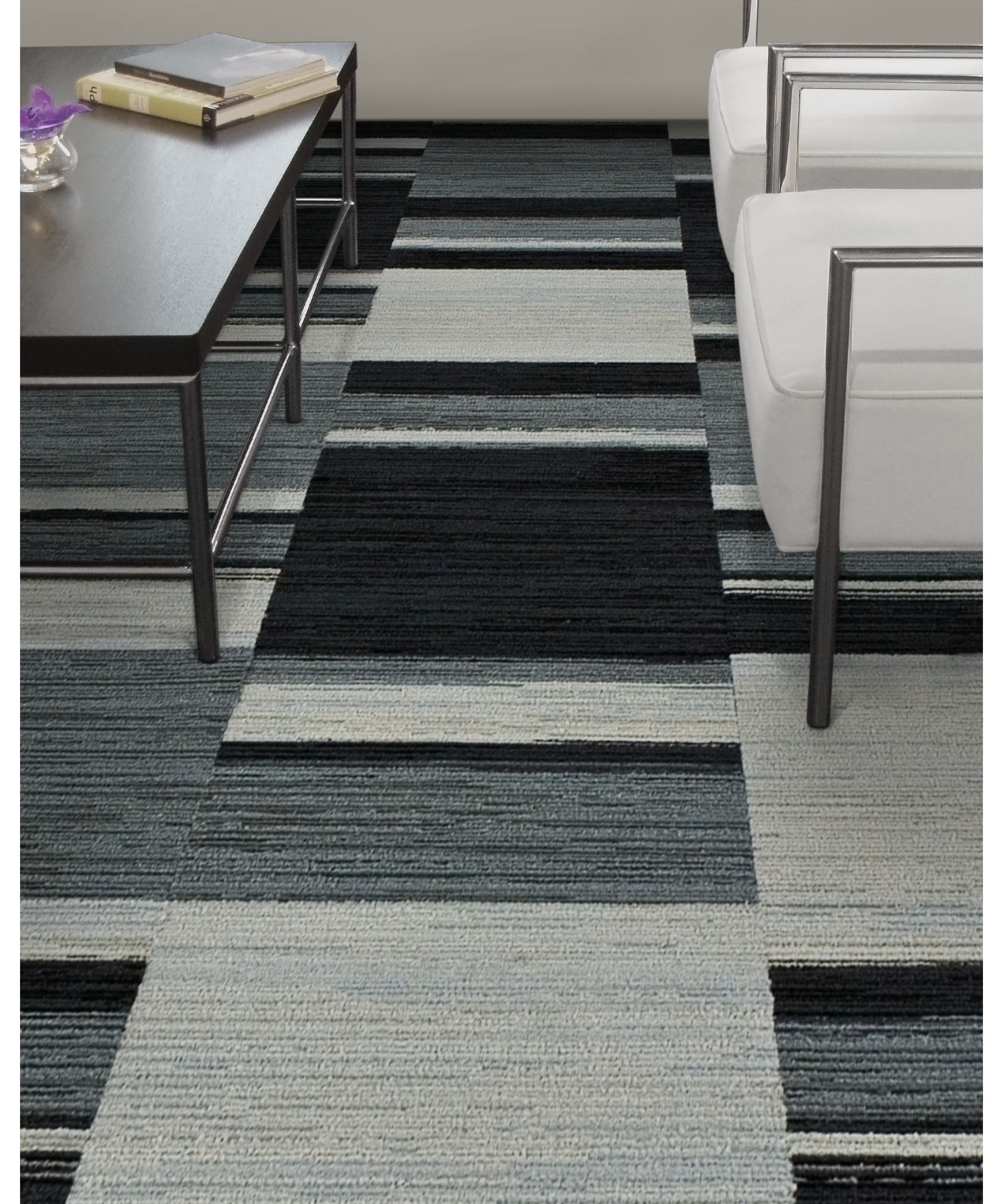 Interface Across the Board and On Board carpet tile in lobby seating area with table and chairs image number 7
